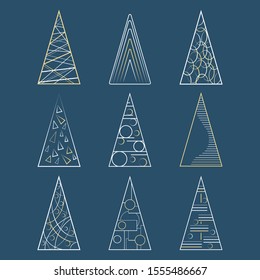 Set of various Christmas tree for festive design and holiday decoration.  Stylized objects isolated on dark background .