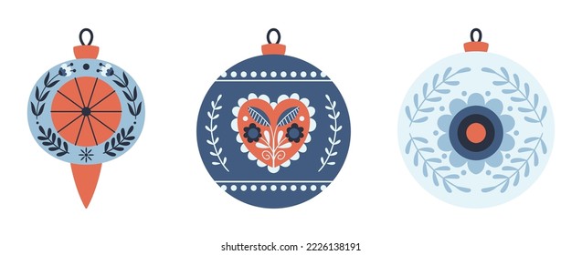 Set of Various Christmas Tree Toys in Cute Scandinavian Folk Style. Isolated Glass Ornate Colored Decorative Design Elements. Xmas Baubles and Decoration. Cartoon Vector Illustration, Icon, Clip Art