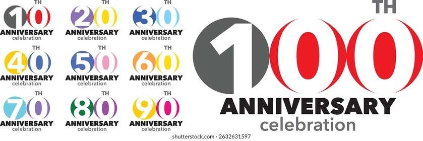 conjunto de várias cores do círculo número 10 20 30 40 50 60 70 80 90 e 100 com palavras TH celebração do ANIVERSÁRIO na parte inferior sobre fundo branco.
