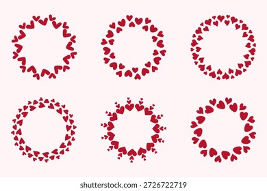 Coloca varias coronas circulares de corazones rojos dibujados a mano. Efecto de textura Grunge. Ilustración vectorial plana. Plantilla moderna para tarjeta, publicación en redes sociales, invitación de boda y diseños temáticos de amor.