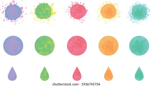 Set of various circles and drops painting in watercolors. Vector illustration isolated on white background.