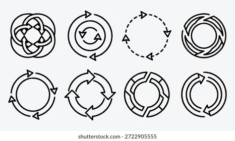 Conjunto de várias setas circulares e símbolos de reciclagem para fluxo de processo e indicação de direção conceitos empresariais e tecnológicos