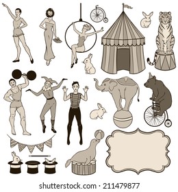 Set of various circus elements: people, animals and decoration