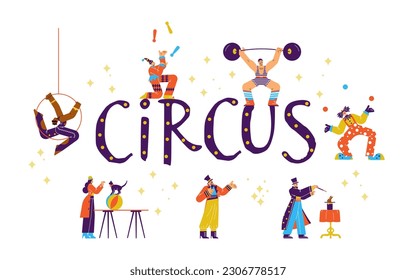 Conjunto de varios intérpretes de circo caracteres de estilo plano, ilustración vectorial aislada en fondo blanco. Acrobat, payaso, mago, malabarista y hombre fuerte. Colección de elementos de diseño decorativos