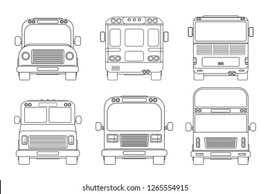 Set of various city bus. Front and back view. Outline vector illustration isolated on white background. School bus.