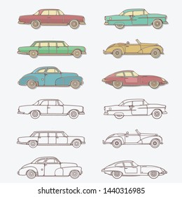 Set of Various Classic Cars in different colors and Line Art Version