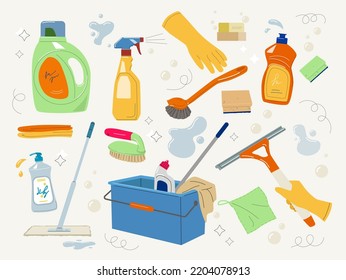 Set Various Cleaning items  Household equipment   detergents  Spray  mop  rag  soap  bucket   bottles  Design elements for stickers  Cartoon flat vector collection isolated beige background