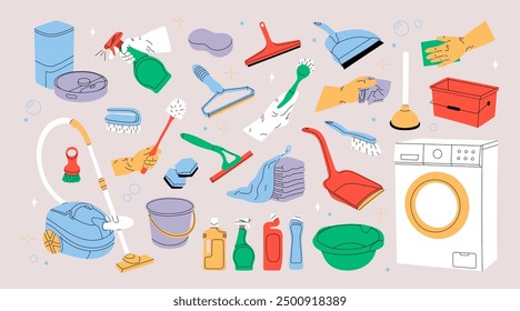 Set of Various Cleaning items. Household equipment and detergents. Spray, mop, rag, bucket and bottles. Design elements for stickers. Flat vector collection isolated on beige background