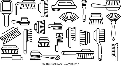 Um conjunto de vários pincéis de limpeza e depuração representados em um estilo simples de ícone de contorno preto e branco.