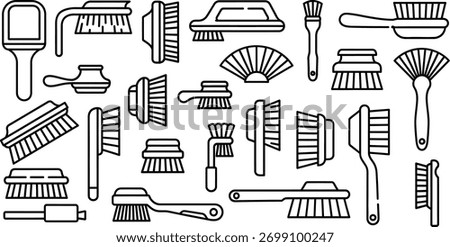 A set of various cleaning and scrubbing brushes depicted in a simple black and white outline icon style.