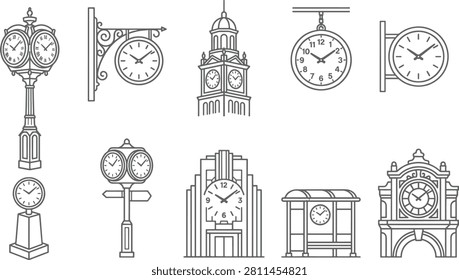 Set of various clock including street clocks, tower clocks, and wall timepieces in a clean black and white line