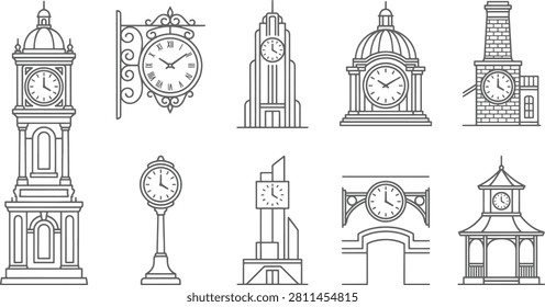 Set of various clock including tower clocks, street clocks, and wall timepieces in a clean black and white line