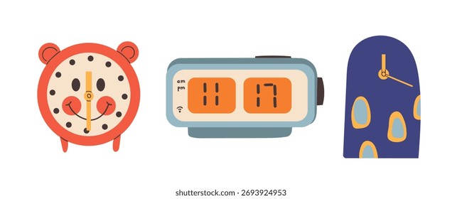 Conjunto de varios relojes y relojes en lindo estilo plano dibujado a mano, Ilustración vectorial aislada sobre fondo blanco. Conceptos de gestión del tiempo y plazo. Reloj de arena, reloj inteligente, reloj de línea.