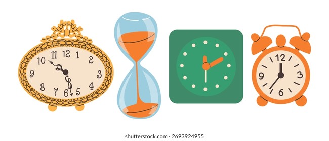 Set von verschiedenen Uhren und Uhren in niedlichen, flachen, handgezeichneten Stil, Vektorgrafik einzeln auf weißem Hintergrund. Konzepte des Zeitmanagements und der Frist. Sanduhr, Smartwatch, Zifferblatt-Uhr.
