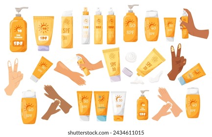 A set of various closed and open tubes and jars with sunscreen. A spray with SPF blocks the sun's rays. Product for the “Protection from Summer” set. Sun safety vector illustration.