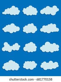 Set of various clouds on blue background