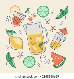 A set of various cocktail elements that are suitable for use in the bar menu, cocktail card and various banners. Fruits and other details are depicted in summer colors. Vector illustration.
