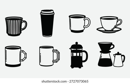 Conjunto de várias xícaras de café e cafeteiras em fundo cinza