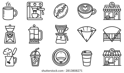 Set of various coffee related icons in outline style with coffee shop, paper cup