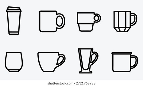 Conjunto de varias tazas de café y té y tazas aisladas sobre fondo gris claro