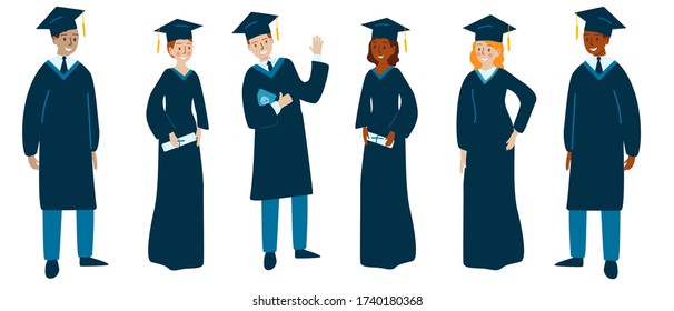 Set of various college or university graduates isolated on a white background. Different nationalities and clothing styles. Vector illustration in flat cartoon style.