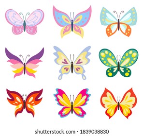 Set various color butterflies on a white background, simple color drawing butterfly vector without gradients and effects