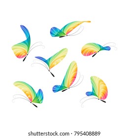 Set various color butterfly isolated on white background