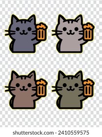 a set of various color cartoon cat drinking beer, various color funny cartoon cat illustration