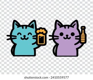 a set of various color cartoon cat drinking beer, various color funny cartoon cat illustration