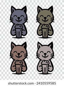 a set of various color cartoon cat drinking beer, various color funny cartoon cat illustration