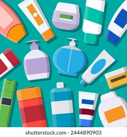 Set of various color cosmetic bottles. Cream, tooth paste, shampoo, gel, spray, tube and soap. Skin and body care, toiletries. Products for beauty and cleanser. Vector illustration in flat style