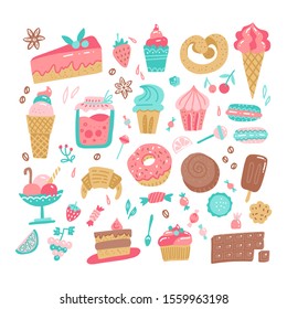 Set of various color doodles hand drawn rough simple sweets and candies illustration. Vector illustration isolated on white background.