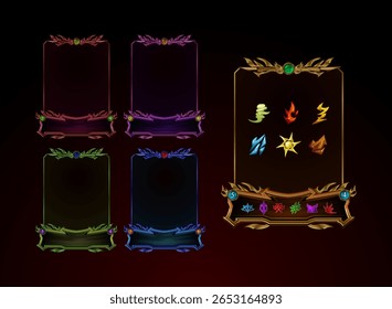 conjunto de vários modelos de quadro de jogo de cartas medievais de fantasia de cor mágica com elemento de natureza e papel de classe