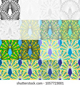 Set of various color geometric shapes peacock seamless pattern , graphic design vector