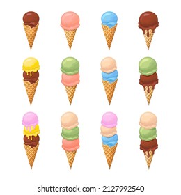 Set of various color ice cream in waffle cones. Flat style illustration. Summer dessert vector icons.