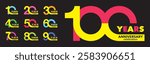 set of various color number 10 20 30 40 50 60 70 80 90 and 100 with words years anniversary celebration in the bottom on black background.
