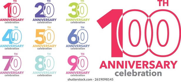 set of various color number 10 20 30 40 50 60 70 80 90 and 100 with words TH ANNIVERSARY celebration at the bottom.