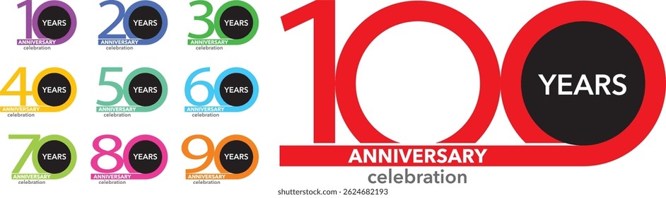 conjunto de várias cores número 10 20 30 40 50 60 70 80 90 e 100 com palavras ANOS cor branca no círculo preto e palavras ANIVERSÁRIO celebração na parte inferior.