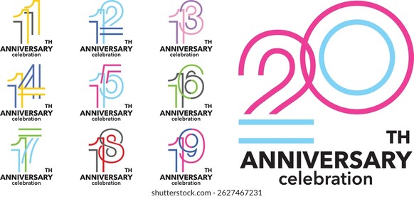 set of various color number 11 12 13 14 15 16 17 18 19 and 20 with words TH ANNIVERSARY celebration at the bottom.