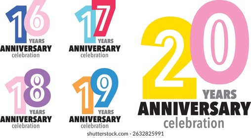 conjunto de várias cores número 16 17 18 19 20 com palavras ANOS ANIVERSÁRIO celebração na parte inferior sobre fundo preto.