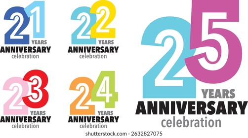 set of various color number 21 22 23 24 25 with words YEARS ANNIVERSARY celebration in the bottom on black background.