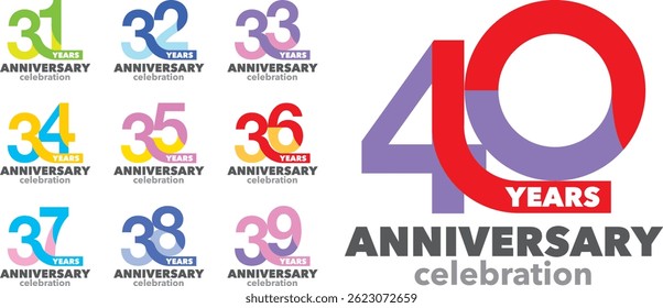 set of various color number 31 32 33 34 35 36 37 38 39 and 40 with words years anniversary celebration at the bottom on white background.