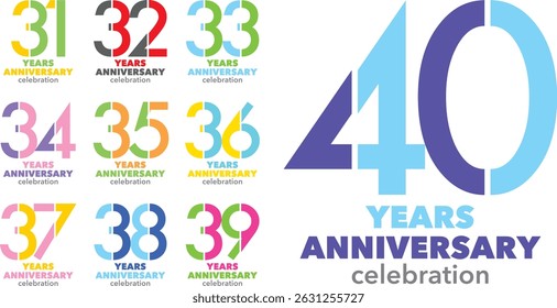 conjunto de várias cores número 31 32 33 34 35 36 37 38 39 e 40 com palavras ANIVERSÁRIO ANOS celebração na parte inferior.