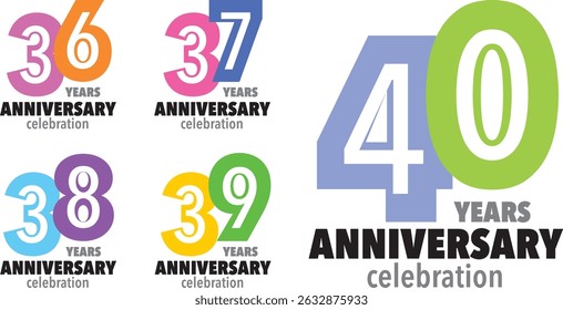 conjunto de várias cores número 36 37 38 39 40 com palavras ANIVERSÁRIO de anos celebração na parte inferior em fundo preto.