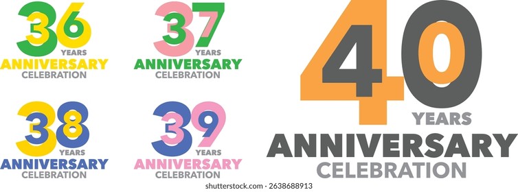 set of various color number 36 37 38 39 40 and the words YEARS ANNIVERSARY celebration at the bottom.