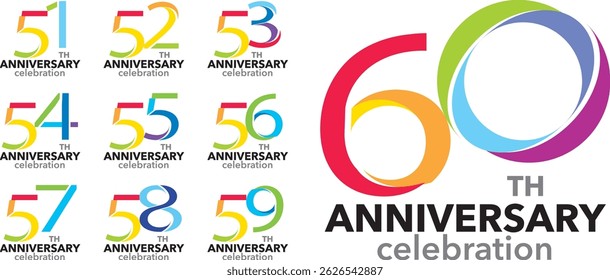 set of various color number 51 52 53 54 55 56 57 58 59 and 60 with words TH ANNIVERSARY celebration at the bottom.