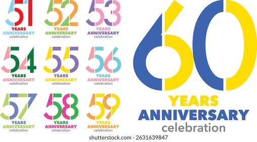 conjunto de várias cores número 51 52 53 54 55 56 57 58 59 60 com palavras ANIVERSÁRIO ANOS celebração na parte inferior.