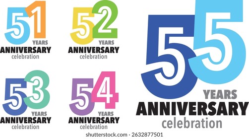set of various color number 51 52 53 54 55 with words YEARS ANNIVERSARY celebration in the bottom on black background.