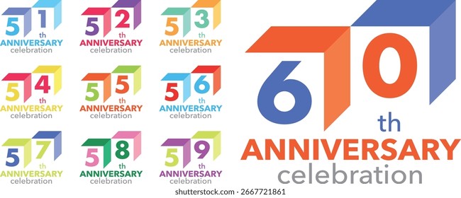 set of various color number 51 52 53 54 55 56 57 58 59 and 60 with words th ANNIVERSARY celebration ion white background.