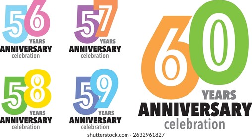 set of various color number 56 57 58 59 60 with words YEARS ANNIVERSARY celebration in the bottom on white background.